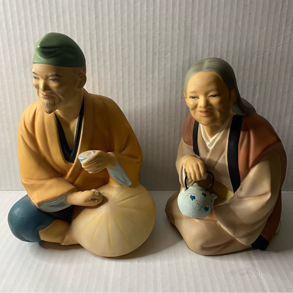 Hakata Urasaki Style Clay Figurines Japanese Elderly Couple Dolls drinking tea